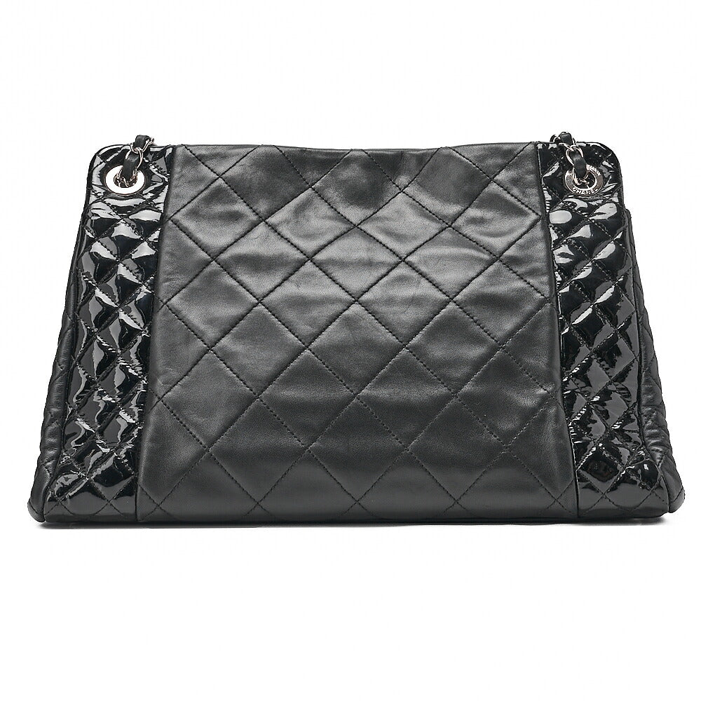 CHANEL Lambskin x Enamel Matelasse Coco Charm Chain Tote Bag Black Silver-Tone Hardware, Pre-Owned