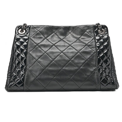 CHANEL Lambskin x Enamel Matelasse Coco Charm Chain Tote Bag Black Silver-Tone Hardware, Pre-Owned