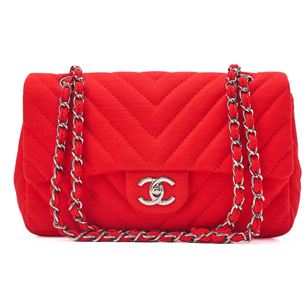 CHANEL V-Stitch Chevron Single Flap Chain Shoulder Cotton Red Silver-Tone Hardware, Pre-Owned