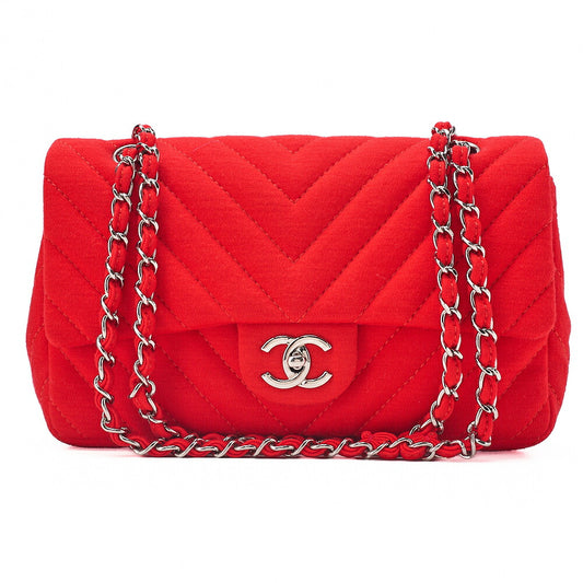 CHANEL V-Stitch Chevron Single Flap Chain Shoulder Cotton Red Silver-Tone Hardware, Pre-Owned