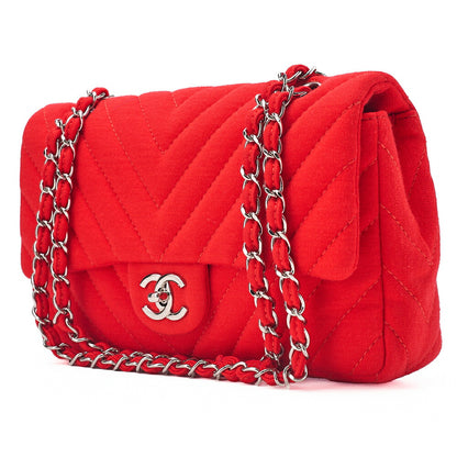 CHANEL V-Stitch Chevron Single Flap Chain Shoulder Cotton Red Silver-Tone Hardware, Pre-Owned