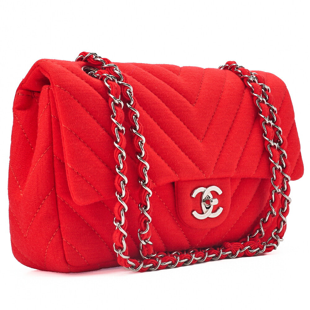 CHANEL V-Stitch Chevron Single Flap Chain Shoulder Cotton Red Silver-Tone Hardware, Pre-Owned