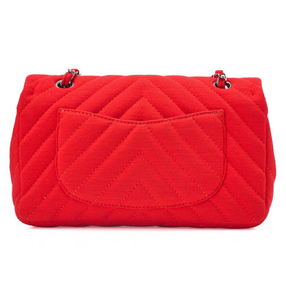 CHANEL V-Stitch Chevron Single Flap Chain Shoulder Cotton Red Silver-Tone Hardware, Pre-Owned