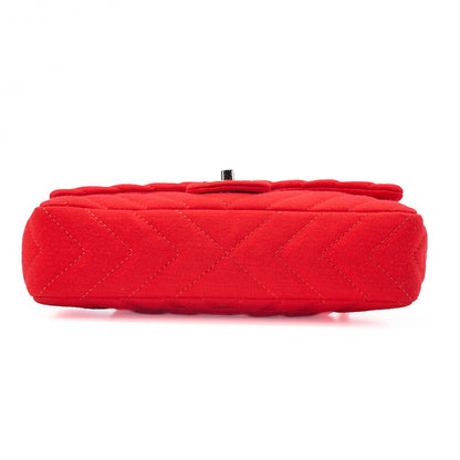 CHANEL V-Stitch Chevron Single Flap Chain Shoulder Cotton Red Silver-Tone Hardware, Pre-Owned
