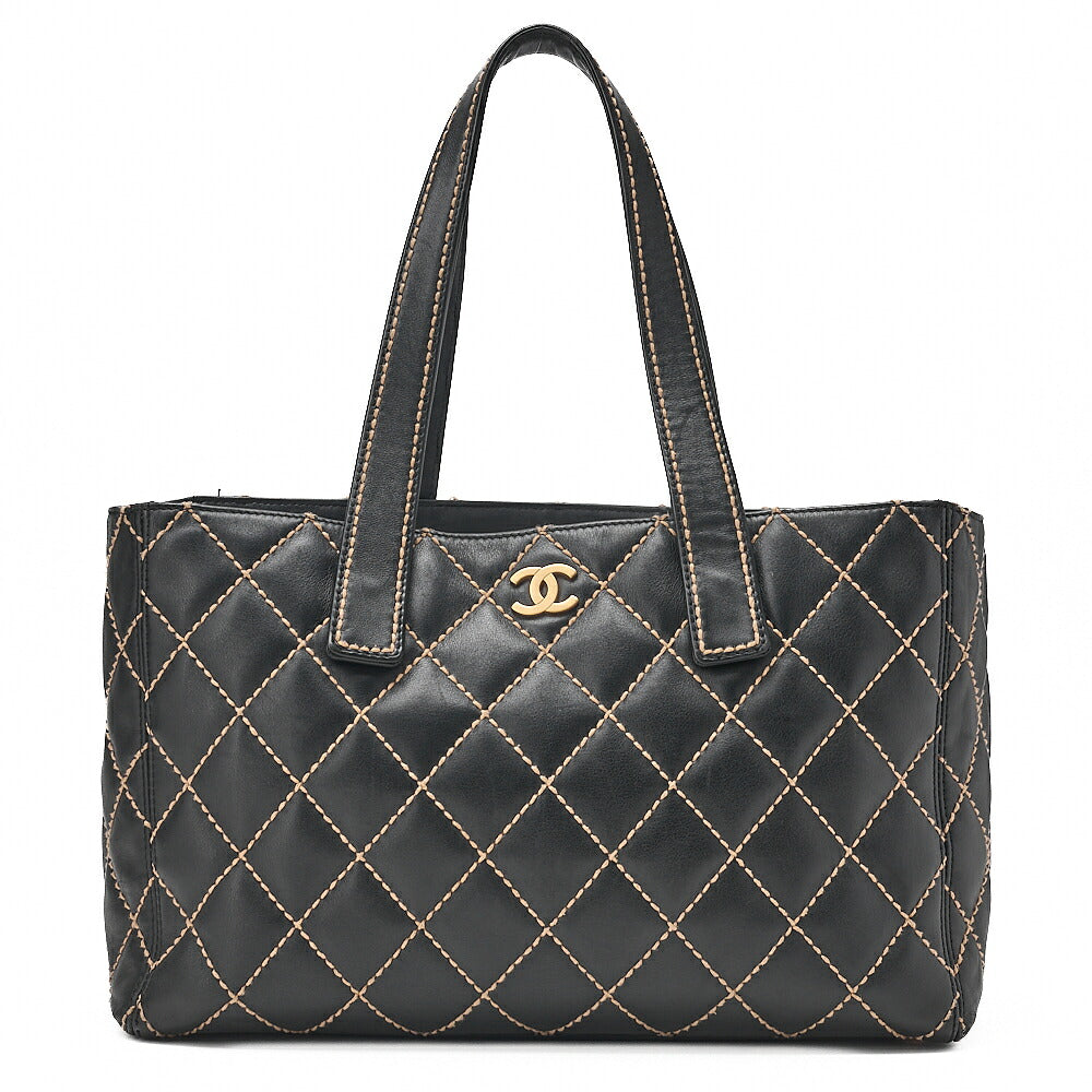 CHANEL Coco Mark Wild Stitch Tote Bag Calfskin Black Gold-Tone Hardware, Pre-Owned
