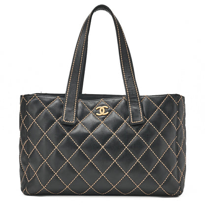 CHANEL Coco Mark Wild Stitch Tote Bag Calfskin Black Gold-Tone Hardware, Pre-Owned