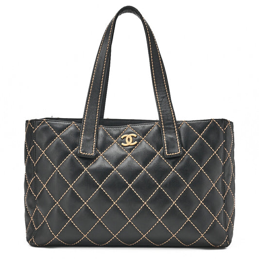 CHANEL Coco Mark Wild Stitch Tote Bag Calfskin Black Gold-Tone Hardware, Pre-Owned