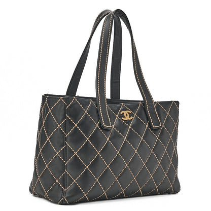 CHANEL Coco Mark Wild Stitch Tote Bag Calfskin Black Gold-Tone Hardware, Pre-Owned
