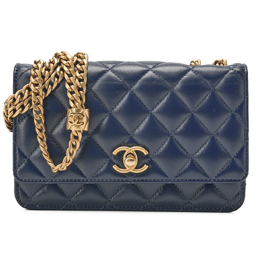 CHANEL Matelasse Biju Coco Chain Wallet Lambskin Navy Gold-Tone Hardware, Pre-Owned