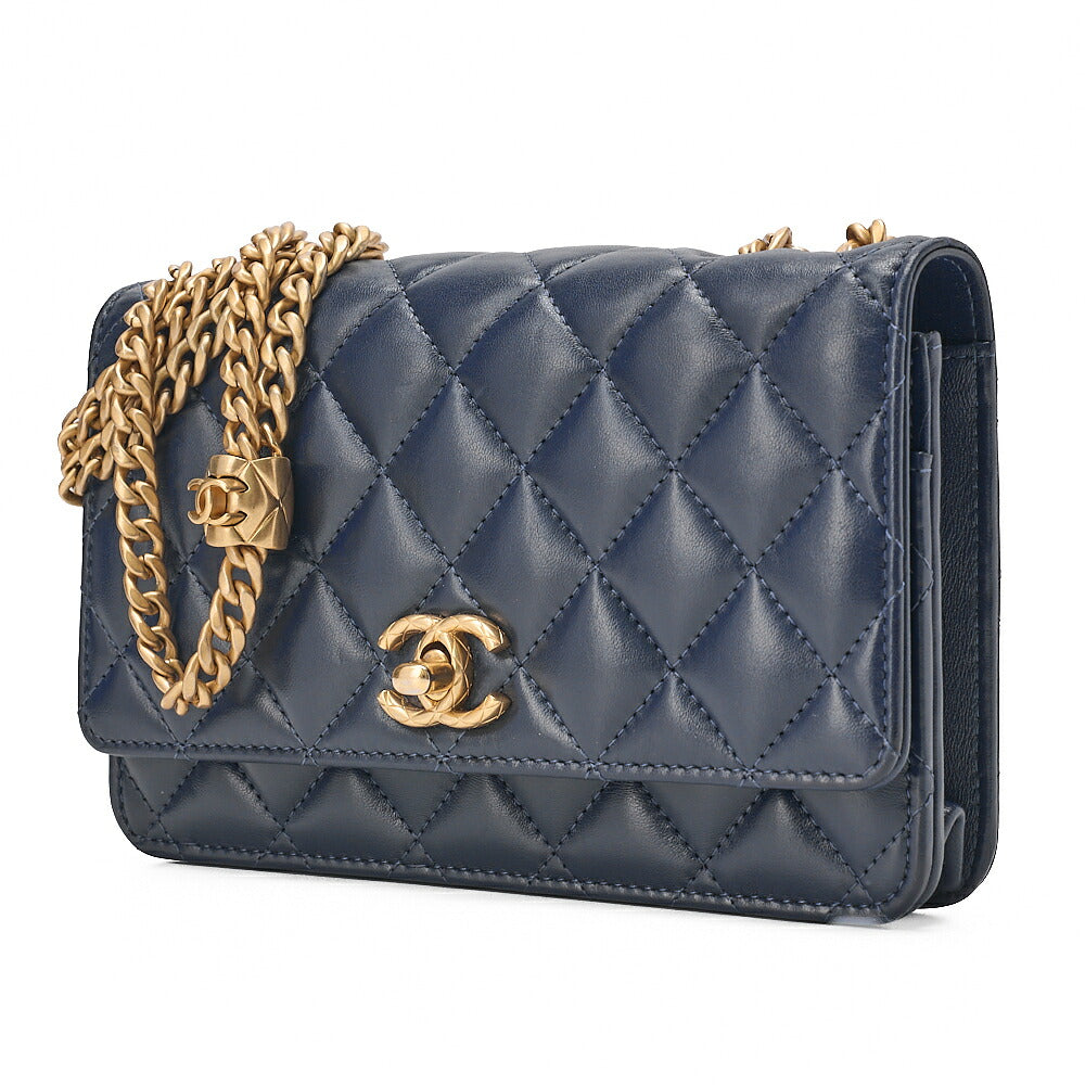 CHANEL Matelasse Biju Coco Chain Wallet Lambskin Navy Gold-Tone Hardware, Pre-Owned