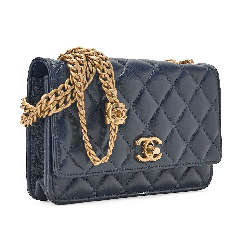 CHANEL Matelasse Biju Coco Chain Wallet Lambskin Navy Gold-Tone Hardware, Pre-Owned