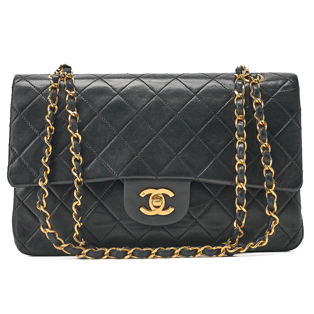 CHANEL Lambskin Matelasse Double Flap 25cm Chain Shoulder Black Gold-Tone Hardware, Pre-Owned