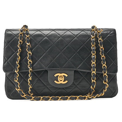 CHANEL Lambskin Matelasse Double Flap 25cm Chain Shoulder Black Gold-Tone Hardware, Pre-Owned