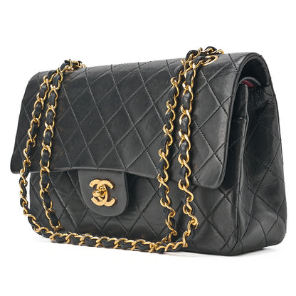 CHANEL Lambskin Matelasse Double Flap 25cm Chain Shoulder Black Gold-Tone Hardware, Pre-Owned
