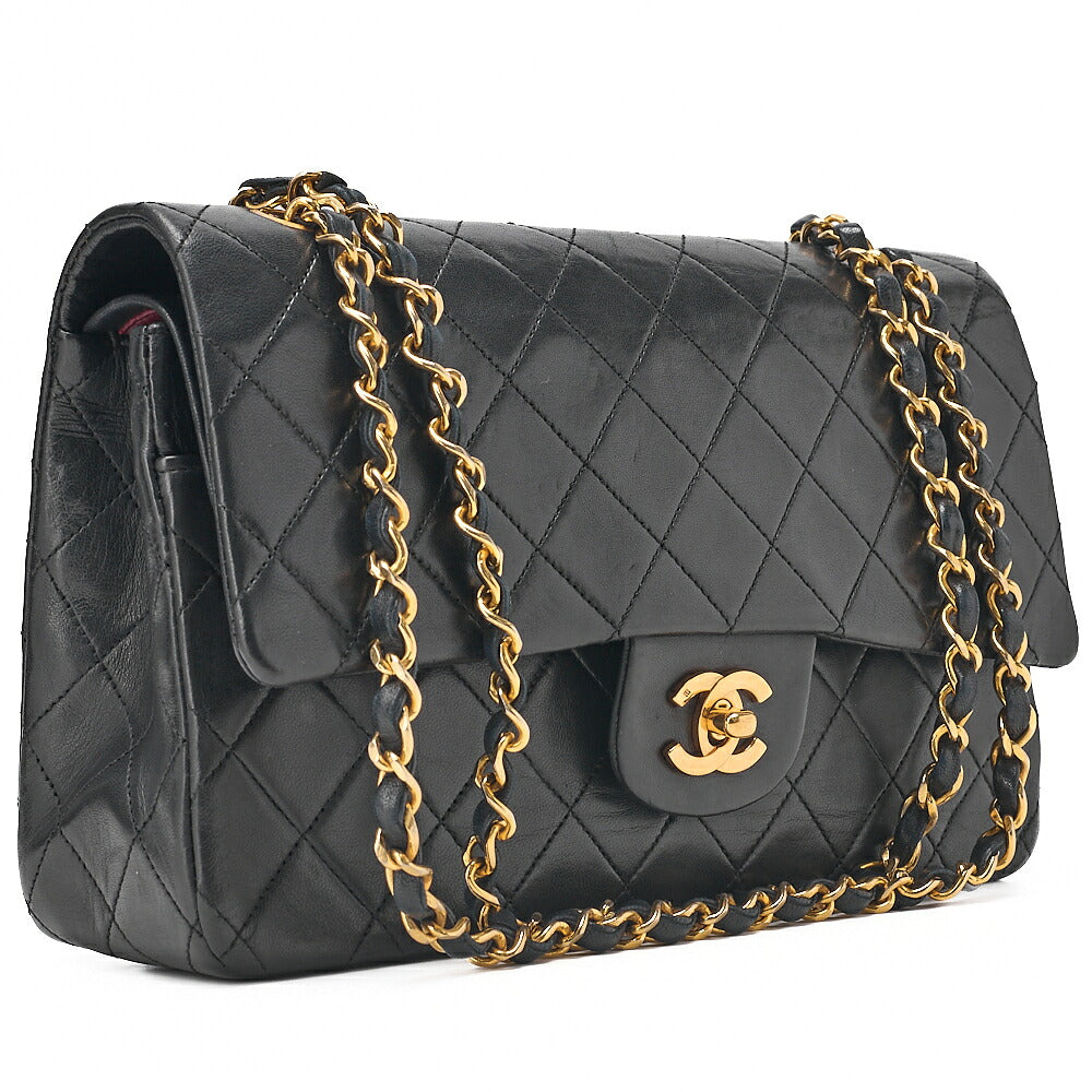 CHANEL Lambskin Matelasse Double Flap 25cm Chain Shoulder Black Gold-Tone Hardware, Pre-Owned