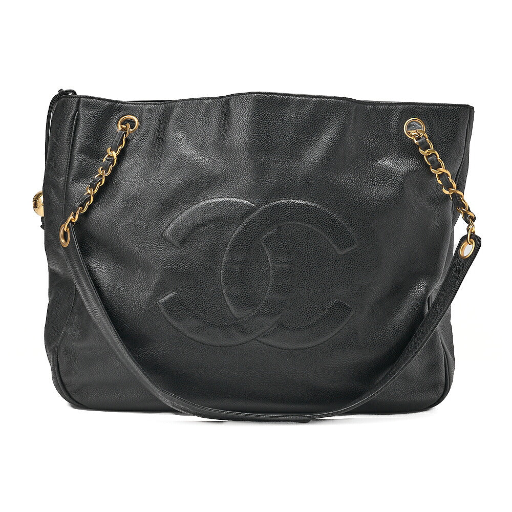 CHANEL Deka Coco Mark Double Chain Shoulder with Ball Charm Large Size Caviar Skin Black Gold-Tone Hardware, Pre-Owned