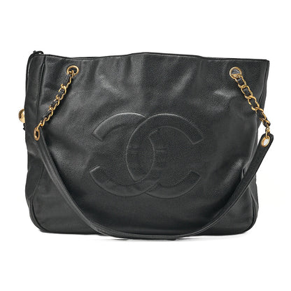 CHANEL Deka Coco Mark Double Chain Shoulder with Ball Charm Large Size Caviar Skin Black Gold-Tone Hardware, Pre-Owned