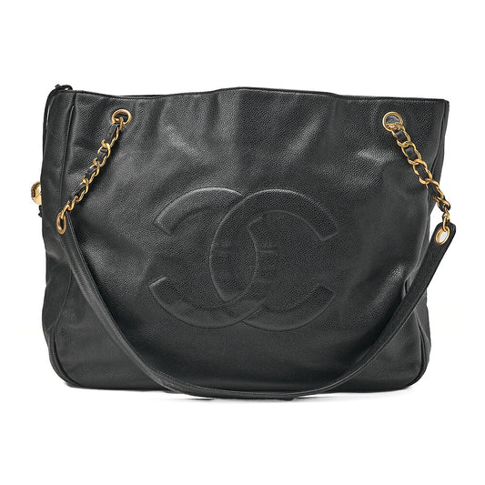 CHANEL Deka Coco Mark Double Chain Shoulder with Ball Charm Large Size Caviar Skin Black Gold-Tone Hardware, Pre-Owned