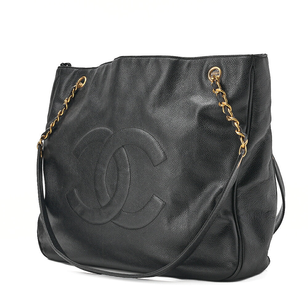 CHANEL Deka Coco Mark Double Chain Shoulder with Ball Charm Large Size Caviar Skin Black Gold-Tone Hardware, Pre-Owned