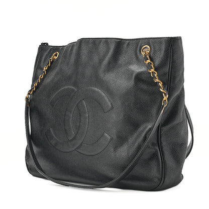CHANEL Deka Coco Mark Double Chain Shoulder with Ball Charm Large Size Caviar Skin Black Gold-Tone Hardware, Pre-Owned