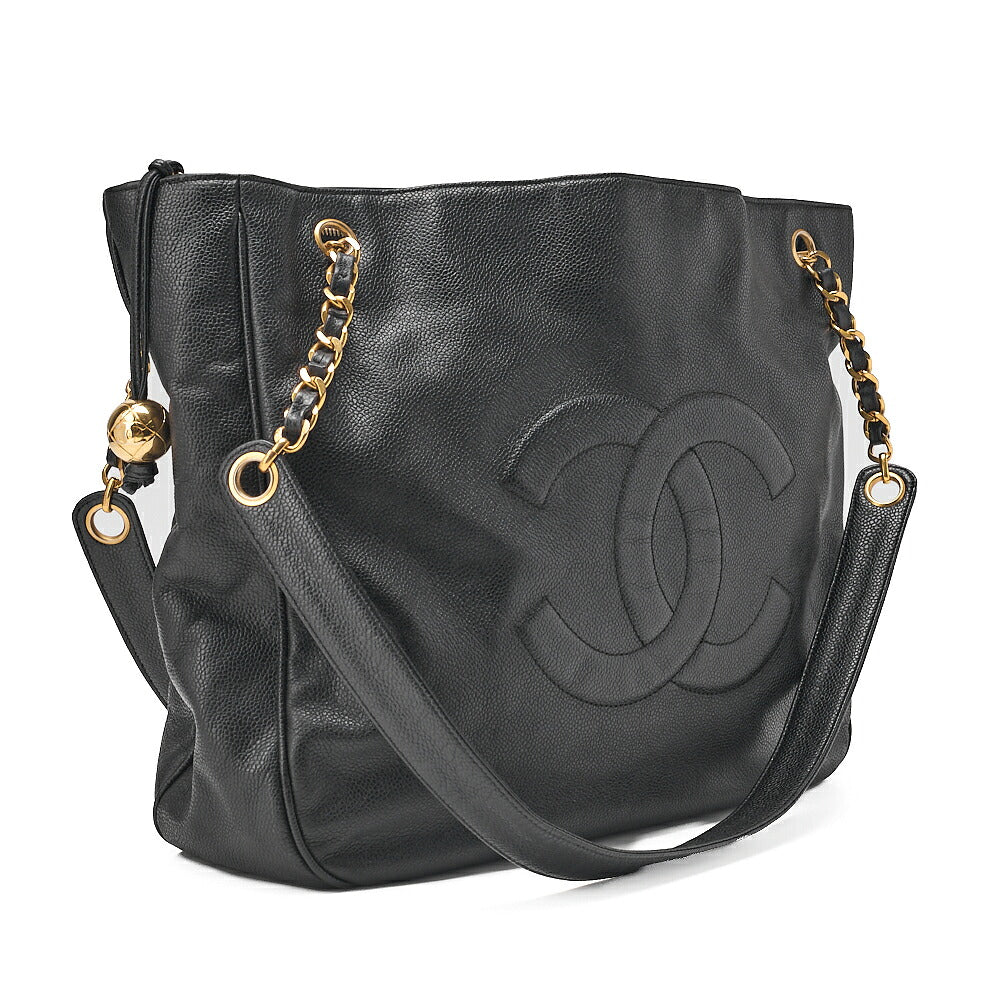 CHANEL Deka Coco Mark Double Chain Shoulder with Ball Charm Large Size Caviar Skin Black Gold-Tone Hardware, Pre-Owned
