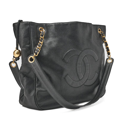 CHANEL Deka Coco Mark Double Chain Shoulder with Ball Charm Large Size Caviar Skin Black Gold-Tone Hardware, Pre-Owned