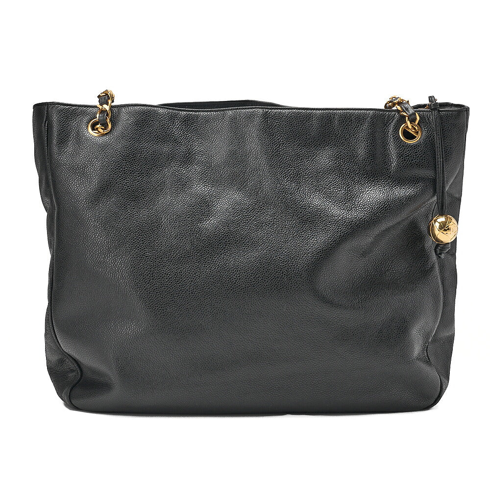 CHANEL Deka Coco Mark Double Chain Shoulder with Ball Charm Large Size Caviar Skin Black Gold-Tone Hardware, Pre-Owned