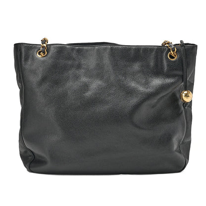 CHANEL Deka Coco Mark Double Chain Shoulder with Ball Charm Large Size Caviar Skin Black Gold-Tone Hardware, Pre-Owned