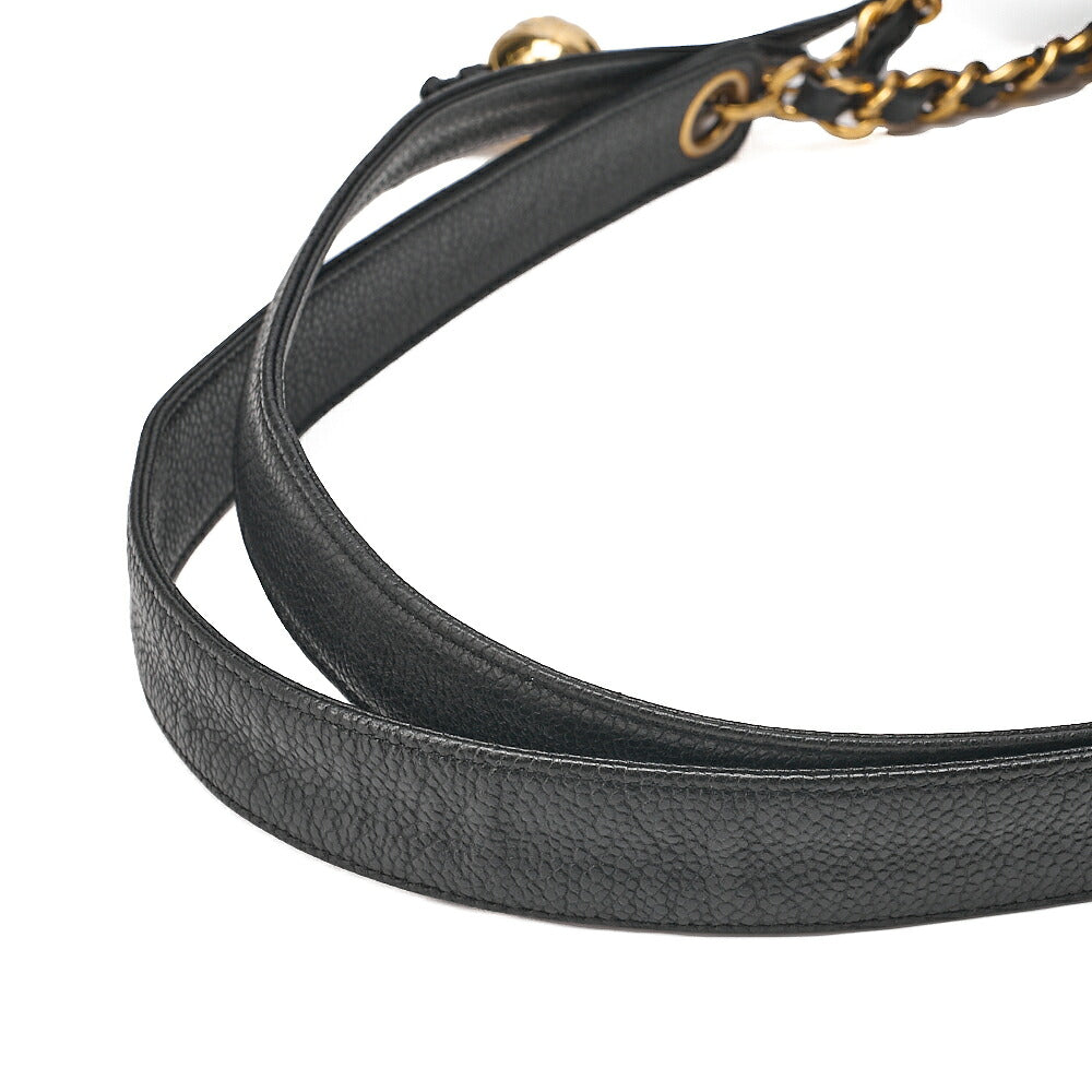 CHANEL Deka Coco Mark Double Chain Shoulder with Ball Charm Large Size Caviar Skin Black Gold-Tone Hardware, Pre-Owned