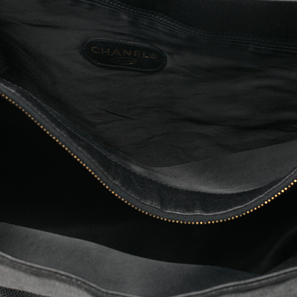 CHANEL Deka Coco Mark Double Chain Shoulder with Ball Charm Large Size Caviar Skin Black Gold-Tone Hardware, Pre-Owned