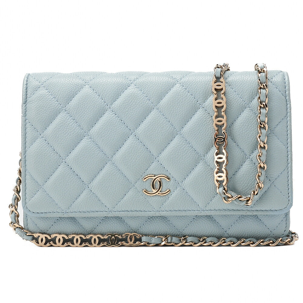 CHANEL Matelasse Chain Wallet Caviar Skin Light Blue Gold-Tone Hardware, Pre-Owned