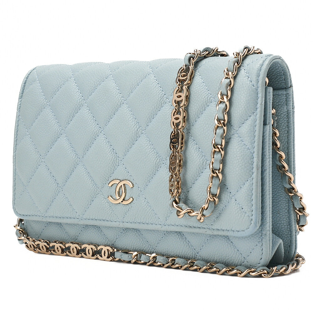 CHANEL Matelasse Chain Wallet Caviar Skin Light Blue Gold-Tone Hardware, Pre-Owned