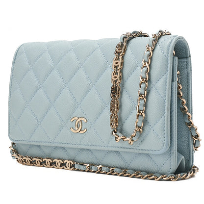 CHANEL Matelasse Chain Wallet Caviar Skin Light Blue Gold-Tone Hardware, Pre-Owned