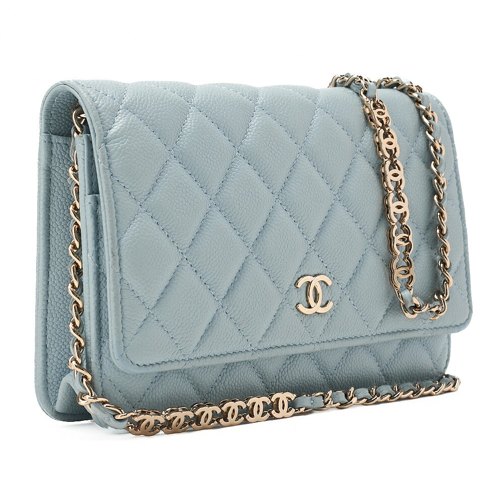 CHANEL Matelasse Chain Wallet Caviar Skin Light Blue Gold-Tone Hardware, Pre-Owned