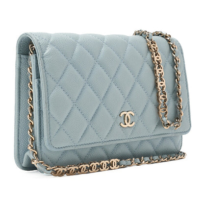CHANEL Matelasse Chain Wallet Caviar Skin Light Blue Gold-Tone Hardware, Pre-Owned
