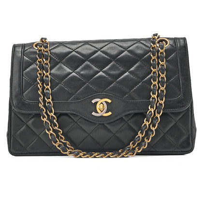 CHANEL Lambskin Matelasse 26cm Paris Limited Double Flap Shoulder Bag Black Gold-Tone Hardware, Pre-Owned