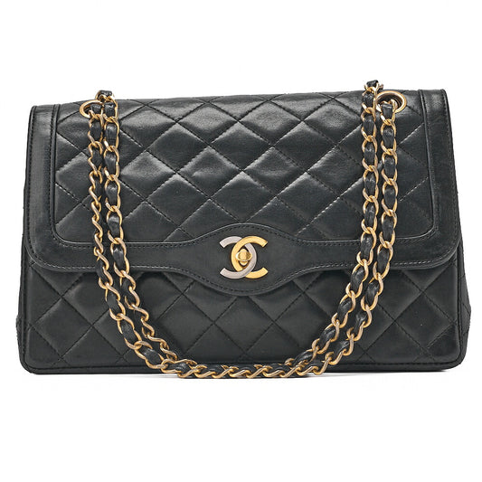 CHANEL Lambskin Matelasse 26cm Paris Limited Double Flap Shoulder Bag Black Gold-Tone Hardware, Pre-Owned