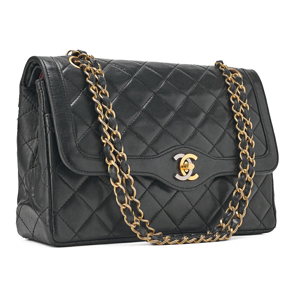 CHANEL Lambskin Matelasse 26cm Paris Limited Double Flap Shoulder Bag Black Gold-Tone Hardware, Pre-Owned