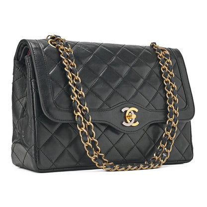 CHANEL Lambskin Matelasse 26cm Paris Limited Double Flap Shoulder Bag Black Gold-Tone Hardware, Pre-Owned