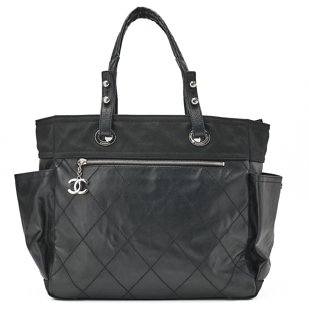 CHANEL Tote Bag Coated Canvas Paris Biarritz GM Coco Charm Black Silver-Tone Hardware, Pre-Owned
