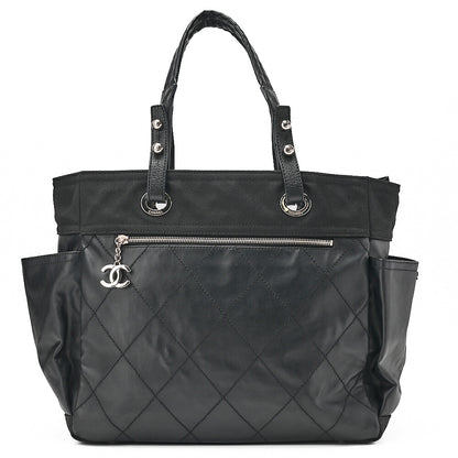 CHANEL Tote Bag Coated Canvas Paris Biarritz GM Coco Charm Black Silver-Tone Hardware, Pre-Owned