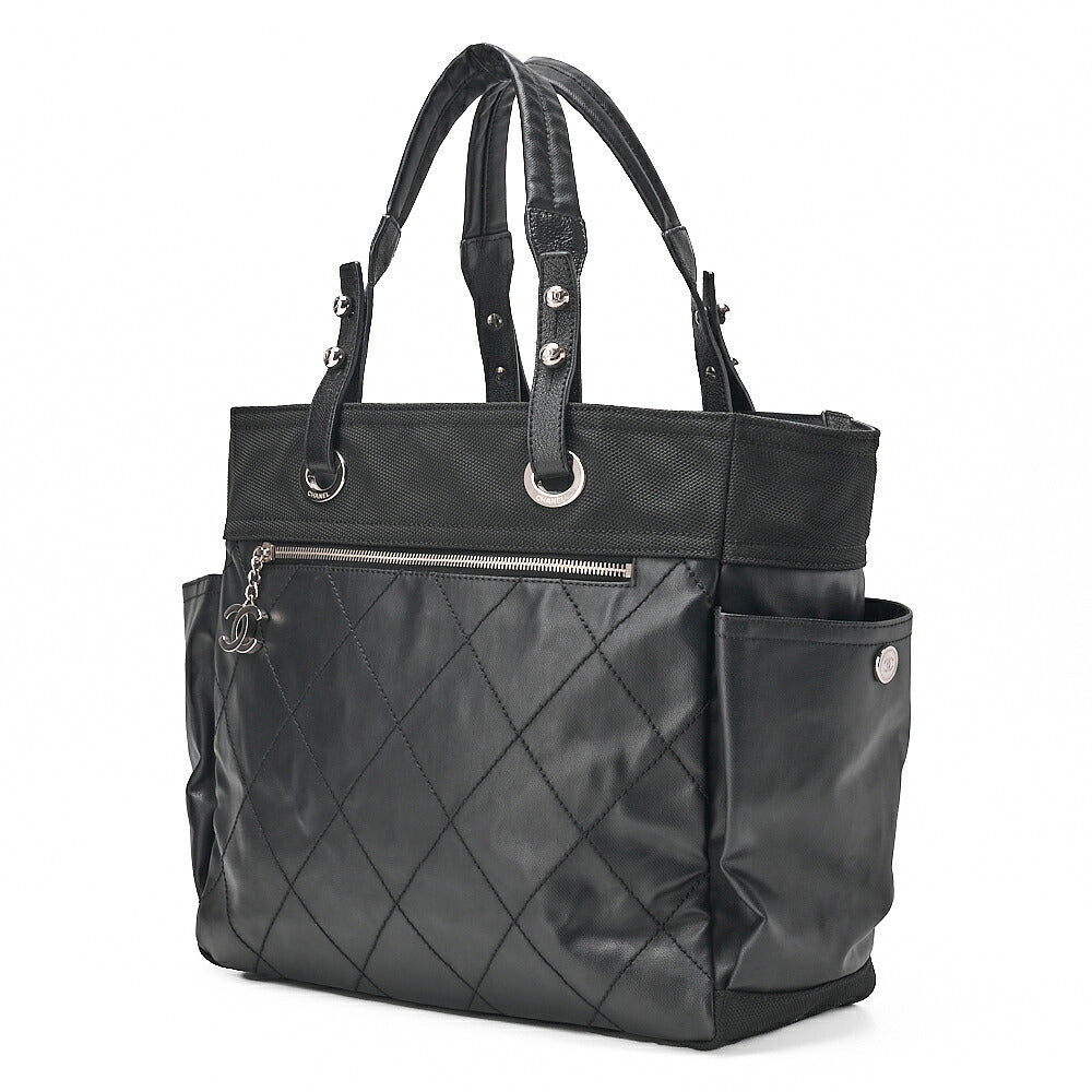 CHANEL Tote Bag Coated Canvas Paris Biarritz GM Coco Charm Black Silver-Tone Hardware, Pre-Owned