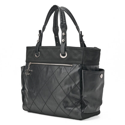CHANEL Tote Bag Coated Canvas Paris Biarritz GM Coco Charm Black Silver-Tone Hardware, Pre-Owned