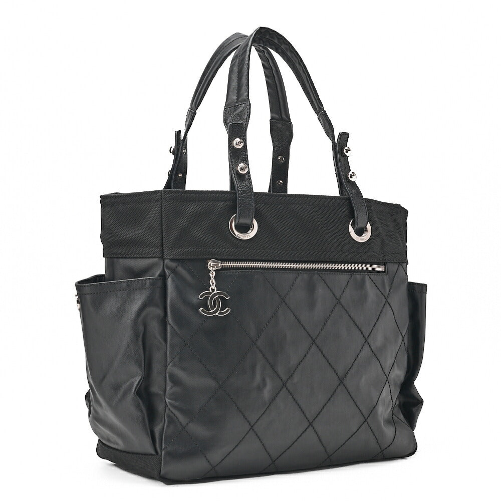CHANEL Tote Bag Coated Canvas Paris Biarritz GM Coco Charm Black Silver-Tone Hardware, Pre-Owned
