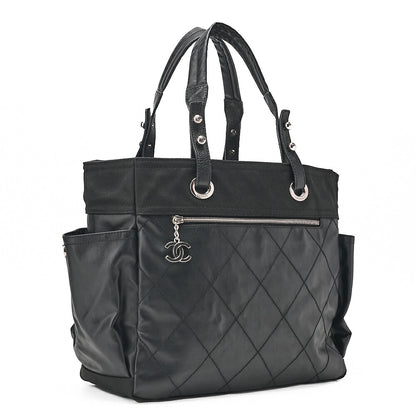 CHANEL Tote Bag Coated Canvas Paris Biarritz GM Coco Charm Black Silver-Tone Hardware, Pre-Owned