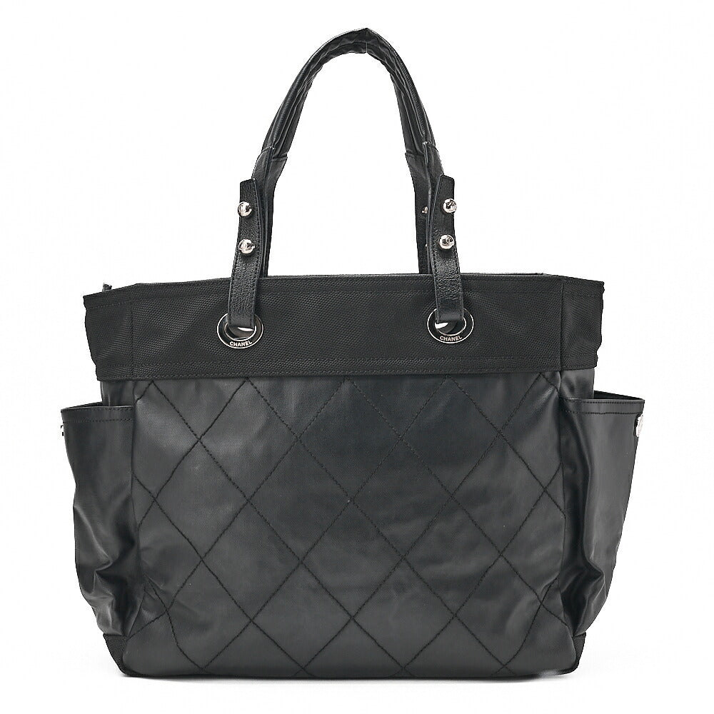 CHANEL Tote Bag Coated Canvas Paris Biarritz GM Coco Charm Black Silver-Tone Hardware, Pre-Owned
