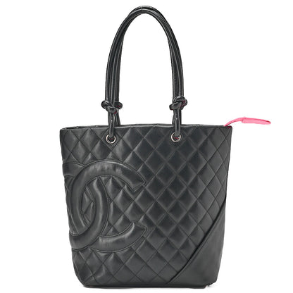 CHANEL Cambonline Matelasse Medium Calf Leather Black Tote Bag Silver-Tone Hardware, Pre-Owned