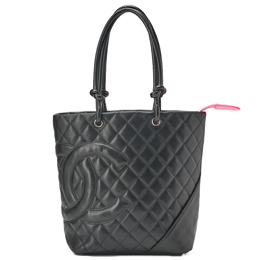 CHANEL Cambonline Matelasse Medium Calf Leather Black Tote Bag Silver-Tone Hardware, Pre-Owned