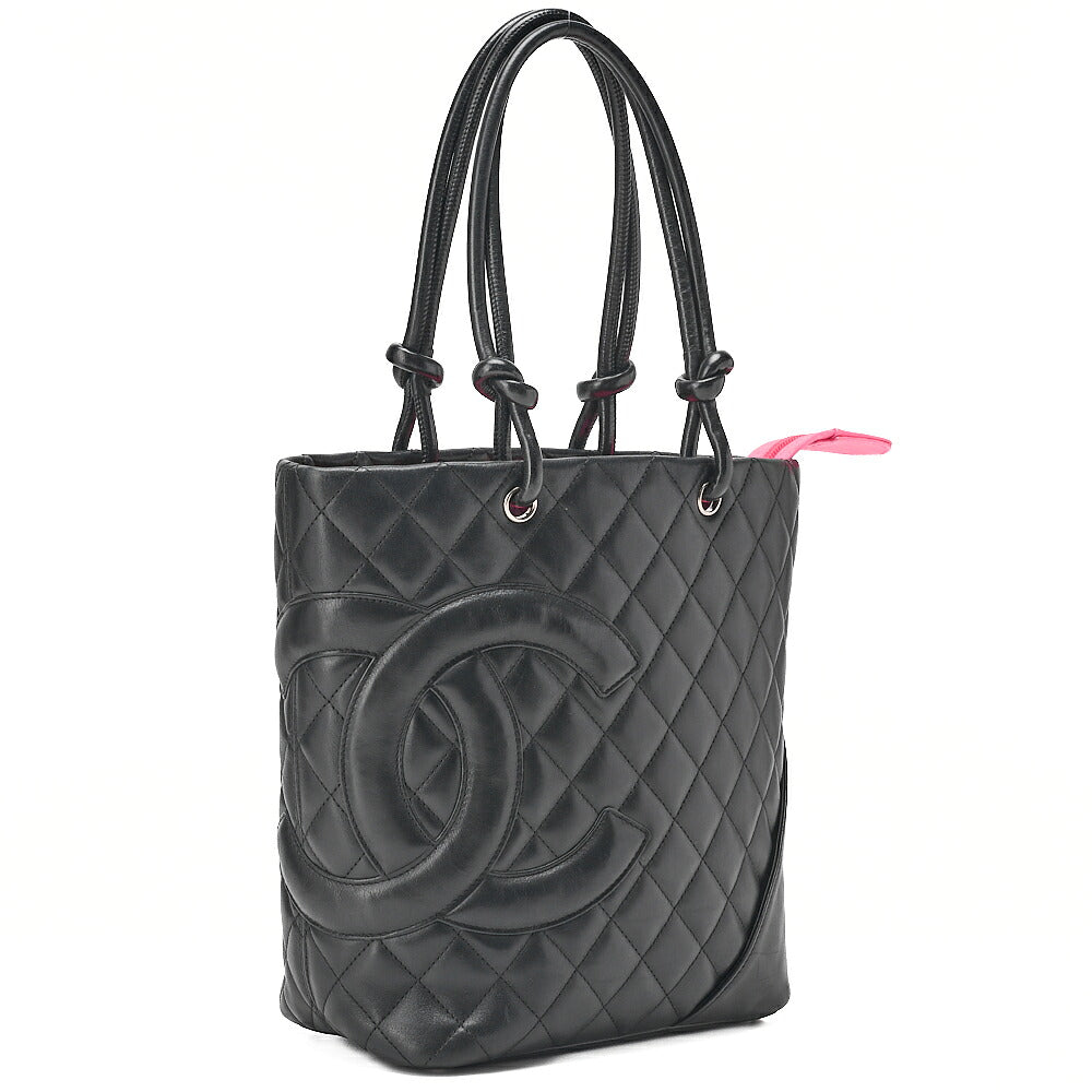 CHANEL Cambonline Matelasse Medium Calf Leather Black Tote Bag Silver-Tone Hardware, Pre-Owned