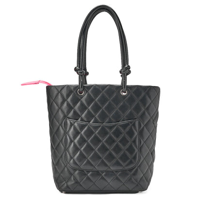 CHANEL Cambonline Matelasse Medium Calf Leather Black Tote Bag Silver-Tone Hardware, Pre-Owned